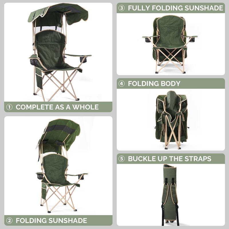 Upgraded Wide Foldable Camping Chair with Sunshade, 2 Cup Holders & Storage Bag for Beach Fishing Outdoor Sports
