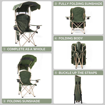 Upgraded Wide Foldable Camping Chair with Sunshade, 2 Cup Holders & Storage Bag for Beach Fishing Outdoor Sports