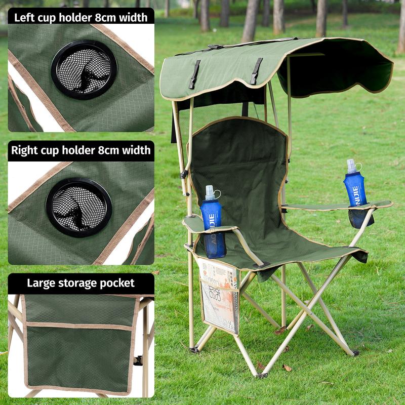 Upgraded Wide Foldable Camping Chair with Sunshade, 2 Cup Holders & Storage Bag for Beach Fishing Outdoor Sports