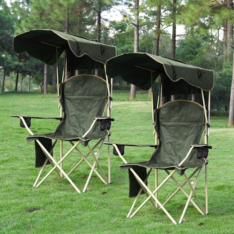 Upgraded Wide Foldable Camping Chair with Sunshade, 2 Cup Holders & Storage Bag for Beach Fishing Outdoor Sports
