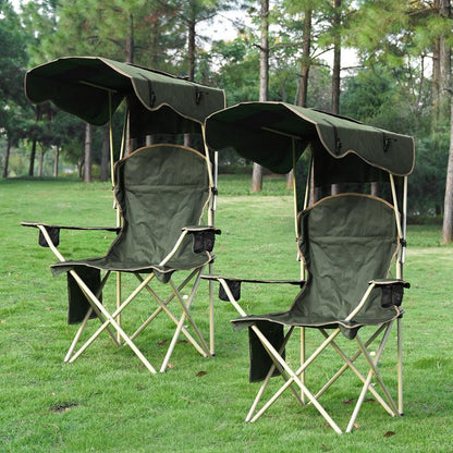 Upgraded Wide Foldable Camping Chair with Sunshade, 2 Cup Holders & Storage Bag for Beach Fishing Outdoor Sports