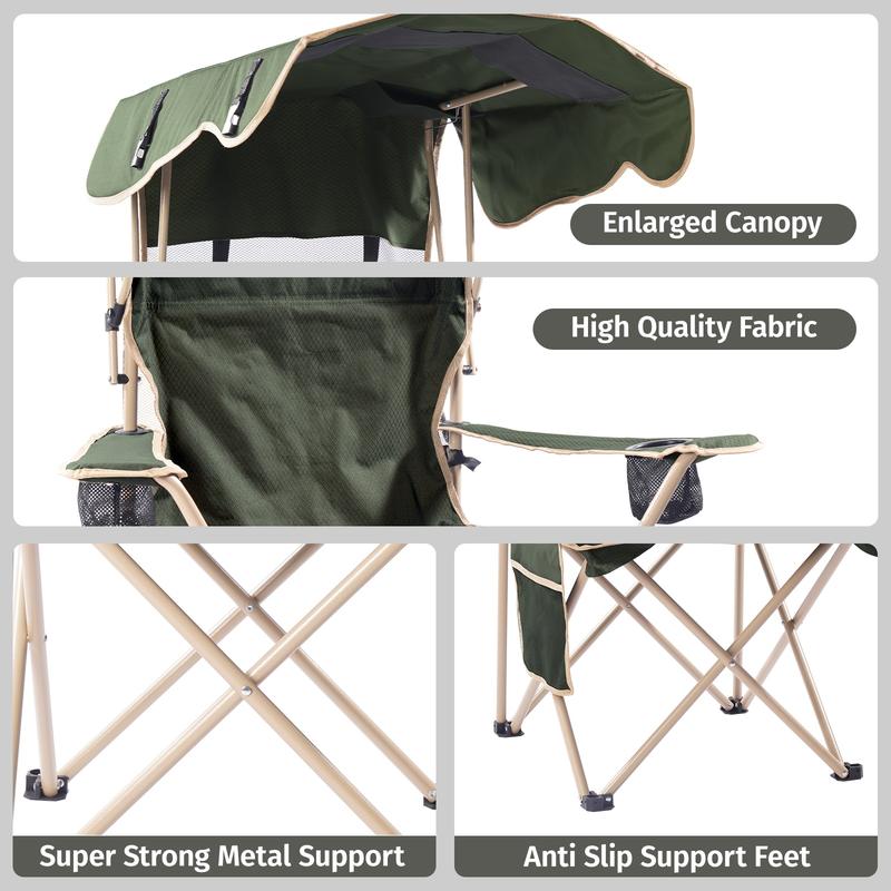 Upgraded Wide Foldable Camping Chair with Sunshade, 2 Cup Holders & Storage Bag for Beach Fishing Outdoor Sports