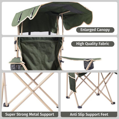 Upgraded Wide Foldable Camping Chair with Sunshade, 2 Cup Holders & Storage Bag for Beach Fishing Outdoor Sports