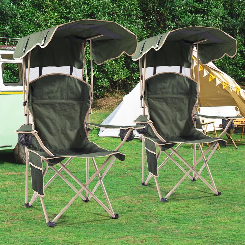 Upgraded Wide Foldable Camping Chair with Sunshade, 2 Cup Holders & Storage Bag for Beach Fishing Outdoor Sports