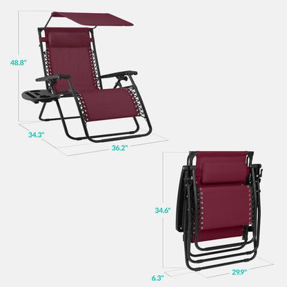 Extra Wide 30 Inch Folding Zero Gravity Outdoor Lounge Chair with Adjustable Sun Canopy