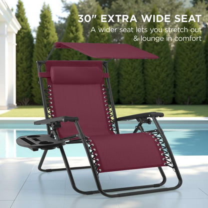 Extra Wide 30 Inch Folding Zero Gravity Outdoor Lounge Chair with Adjustable Sun Canopy