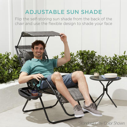 Extra Wide 30 Inch Folding Zero Gravity Outdoor Lounge Chair with Adjustable Sun Canopy
