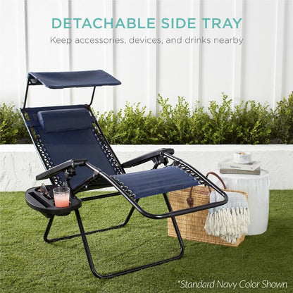 Extra Wide 30 Inch Folding Zero Gravity Outdoor Lounge Chair with Adjustable Sun Canopy